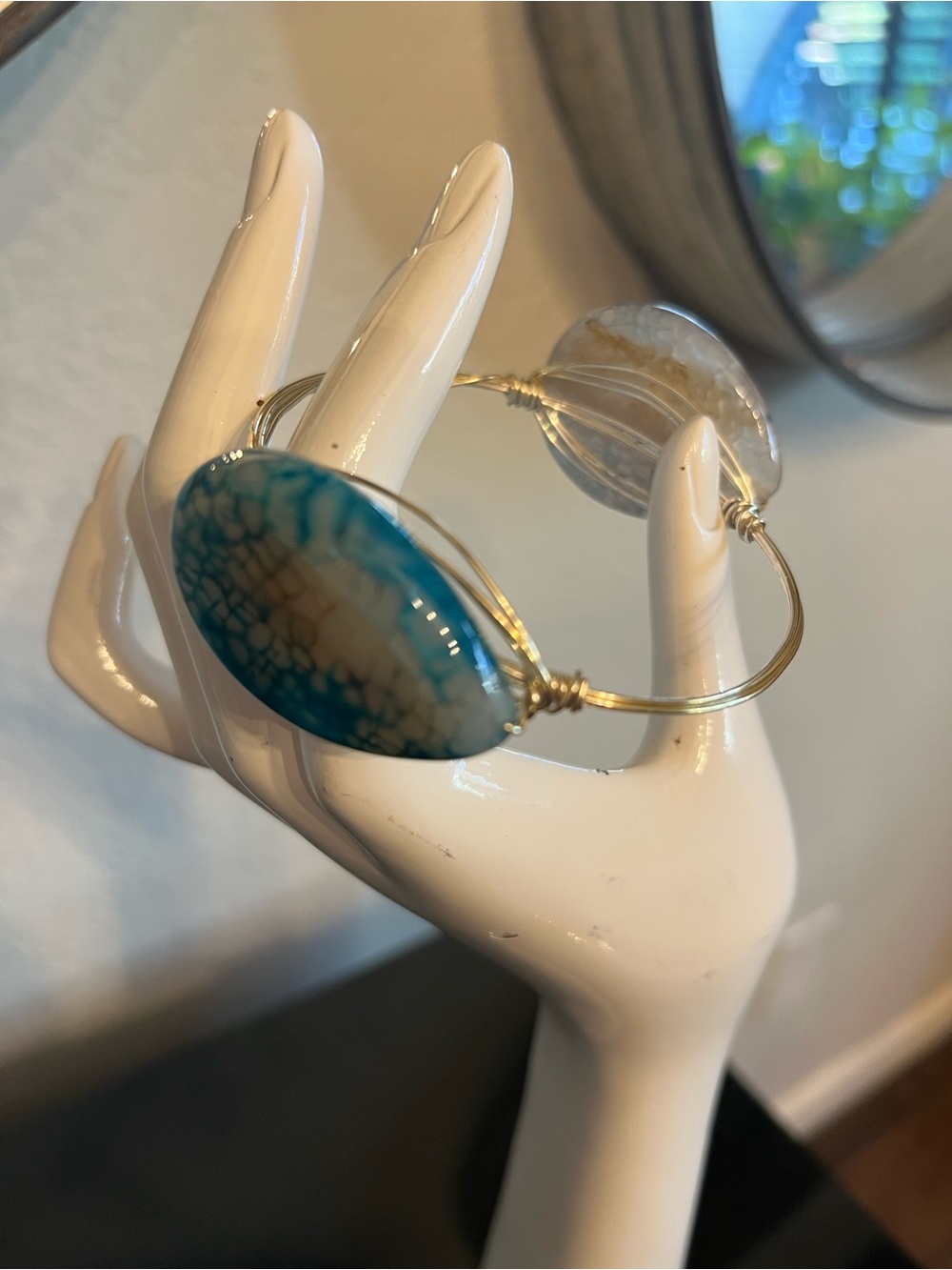 Gold Wire Bangle Bracelet with Blue Agate and Clear Stone 3 inches inner wide.